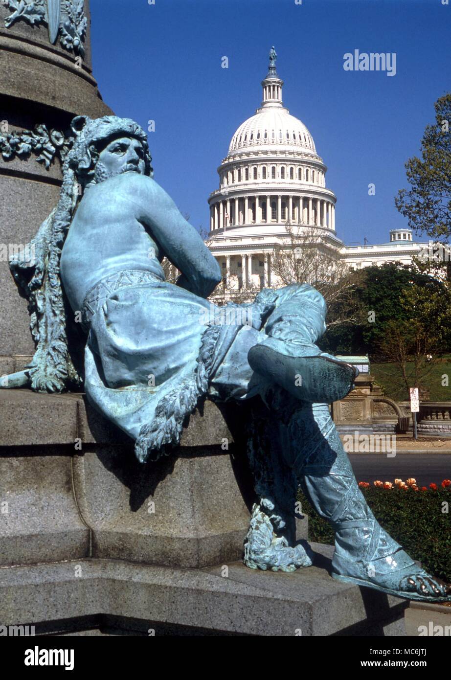 MASONRY - Detail of the statue to Garfield, one of the assassinated Presidents of the United States. Garfield was a well-known Mason, and there are many masonic details on the statue. Washington DC Stock Photo