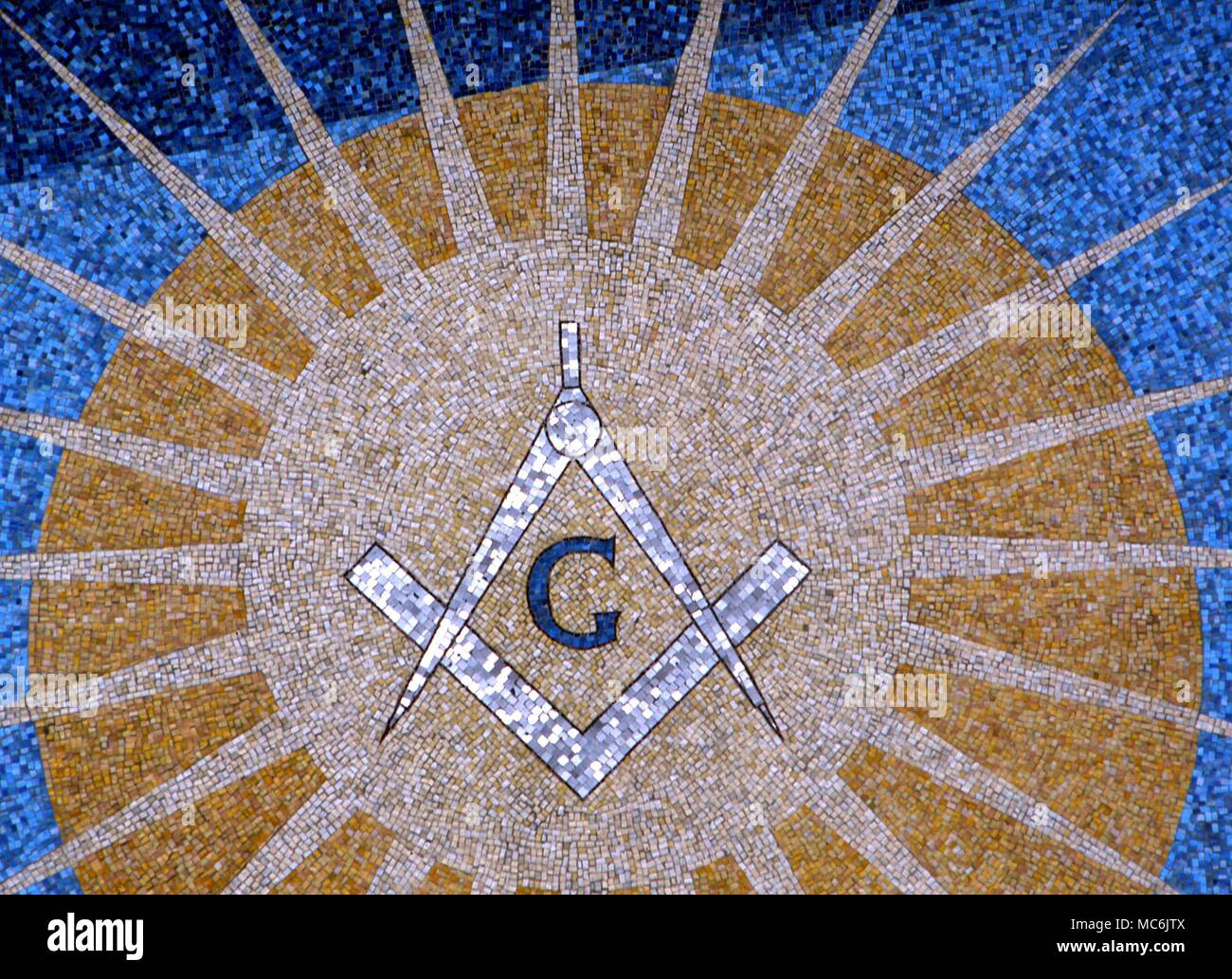 MASONIC - COMPASS AND SQUARE. Symbolic compass and square, in a wall mosaic on the facade of the Masonic Temple in Boston, Massachusetts Stock Photo