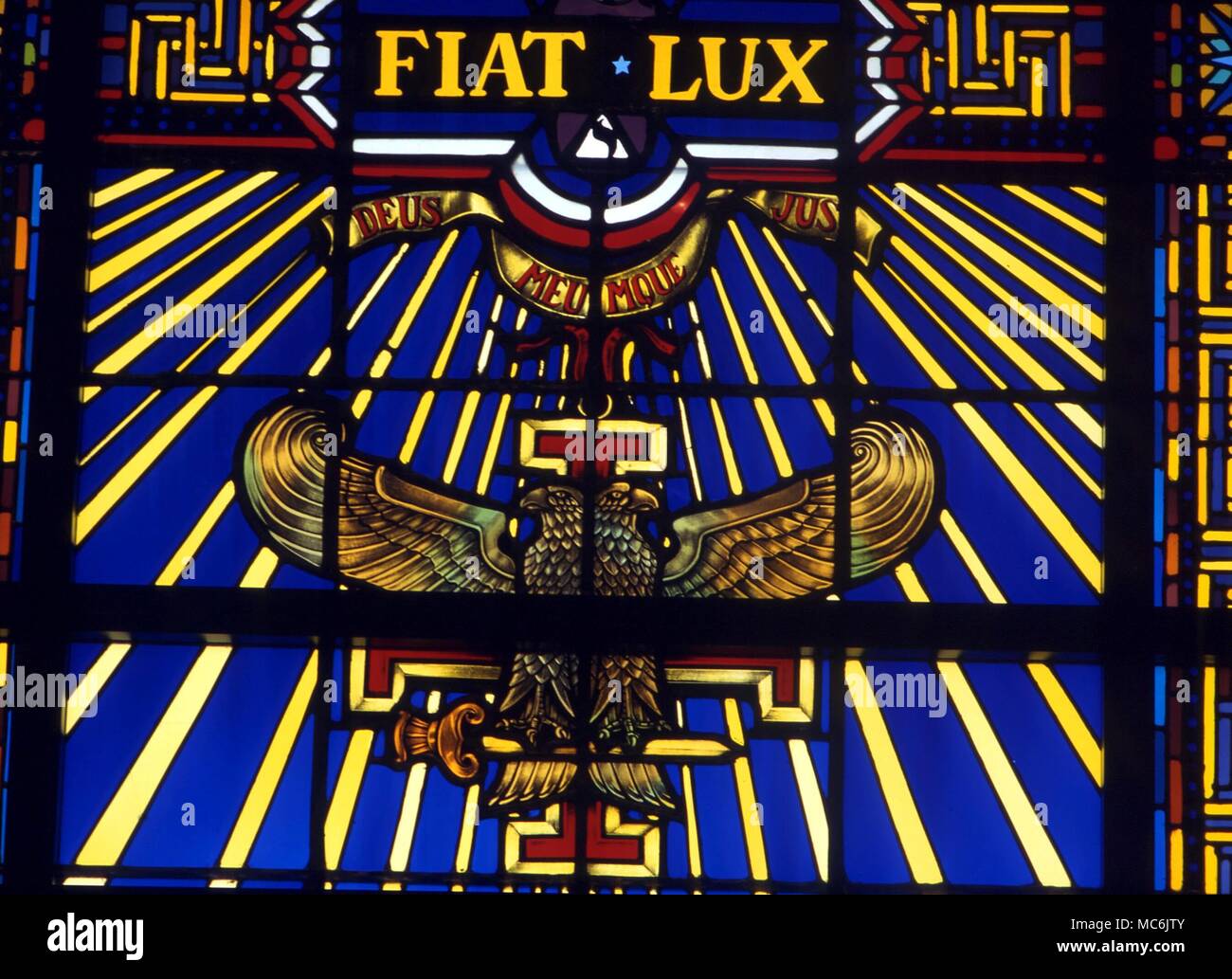 MASONIC - DOUBLE-HEADED EAGLE. The double-headed Eagle in the light of the Fiat Lux, Masonic symbol of the Supreme Council, Souther Jurisdiction, Washington DC. Stained glass in the Temple Stock Photo