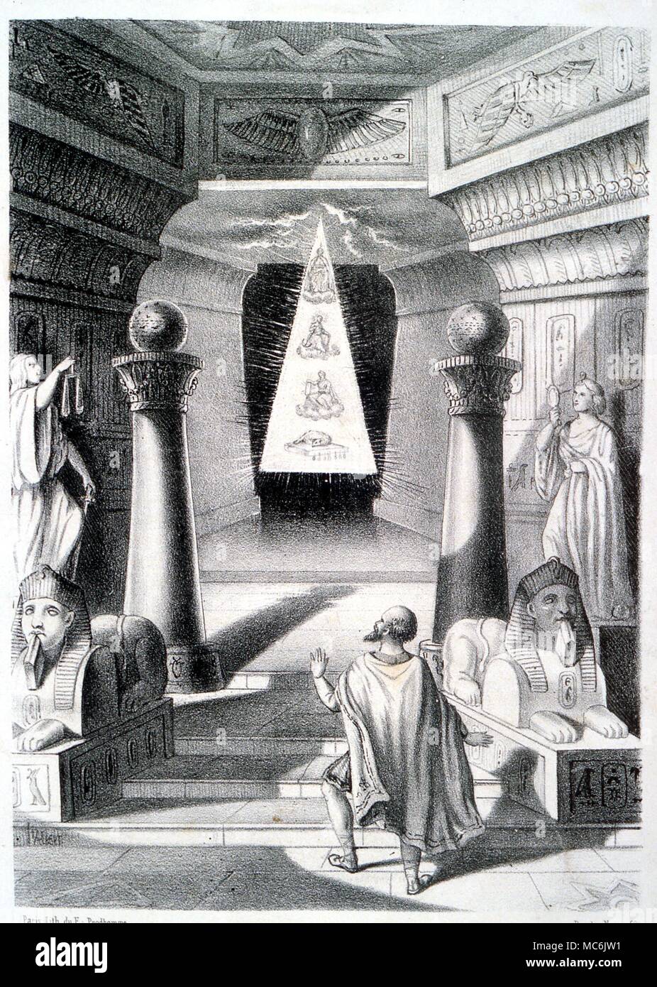 MASONRY - THE TWO COLUMNS AND TRIANGLE. Lithograph showing the esoteric symbols of Masonry, including the two columns which front the Temple of Solomon, and the radiant triangle. From the 1860 ed. of Le Soleil Mystique, a French Masonic journal Stock Photo