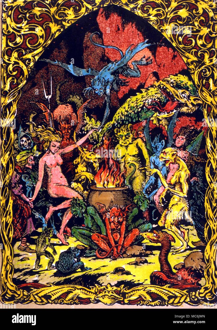 WITCHCRAFT - DANCE AT SABBAT. Sabbat dance of witch Babin. Design by Bernard Zuber to M Carron's 'La Vie Execrable de Guillemette Babin, Sorciere'. 1926. A true story based on Bodin's book 'Demonomanie,' 1580. This 17th century witch was burned to death at Poitiers, 1564 Witch familiars attending a Sabbat. Design by Bernard Zuber to M. Carron's La Vie Execrable de Guillemette Babin, Sorciere, 1926. WITCHCRAFT - ANIMAL FAMILIARS. Animal familiars and demons at a sabbat dance. Designed by Bernard Zuber for Carron's 'La Vie Execrable de Guillemette Babin, Sorcier', 1926. This is a true Stock Photo