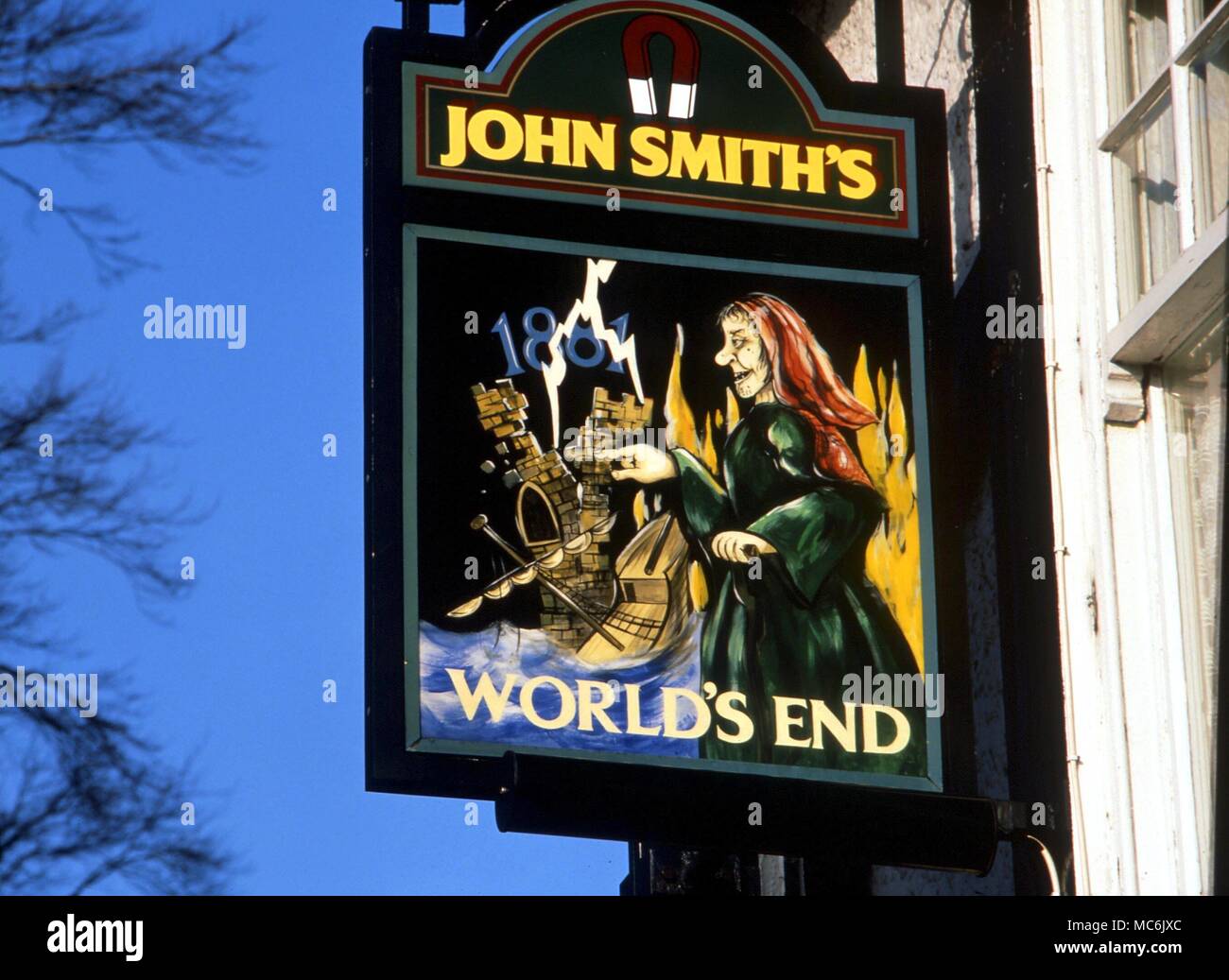 WITCHCRAFT - Mother Shipton's supposed prophecy of the end of the world, on the inn sign of The World's End at Knaresborough, Yorks. Shipton did not prophecy the end of the world for 1881, though this is a popular belief Stock Photo