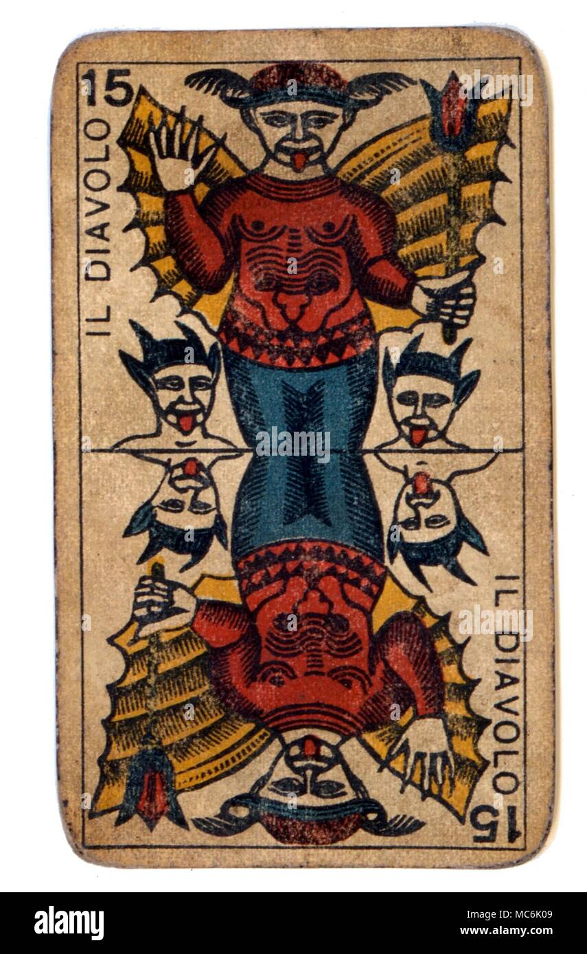 DEMONS - TAROCCHI DEMONS. The Devil and two minions, from a traditional Tarocchi pack of the late 19th century Stock Photo