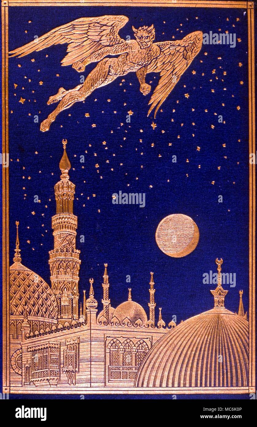 DEMONS - Flying Demon Gold-binding of demon flying over oriental city. From Andrew Lang's edited version of The Arabian Nights Entertainments, 1908 Stock Photo