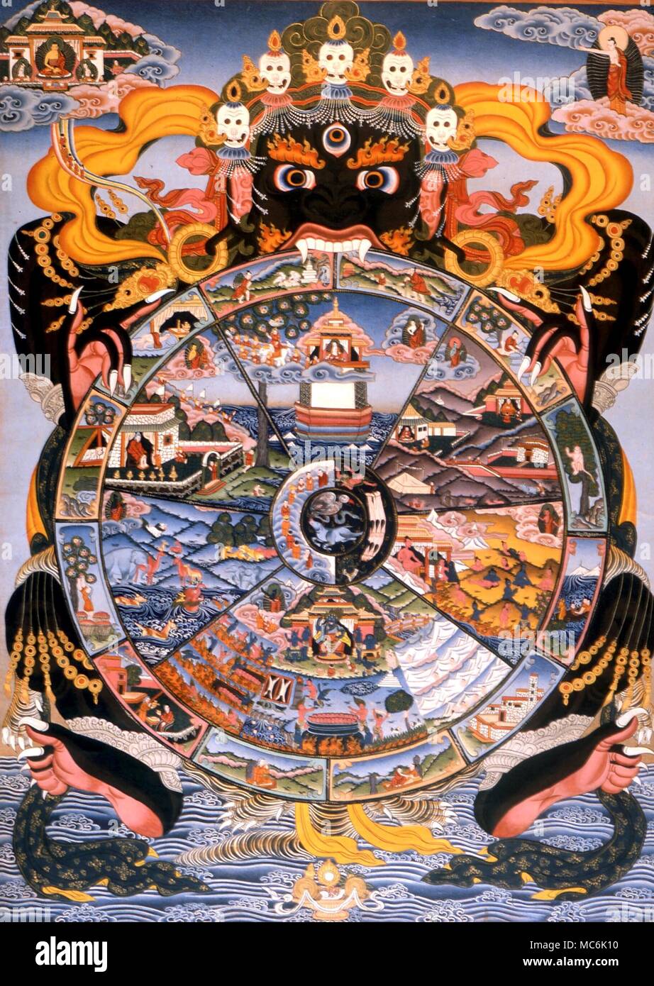 DEMONS - THE TIBETAN MARA The oriental demon, Mara, overlooking the model of the cosmos - the eight-fold division of the Wheel of Life, which relates to the oriental concept of reincarnation, and the spiritual worlds. Tibetan tanka of traditional design Stock Photo