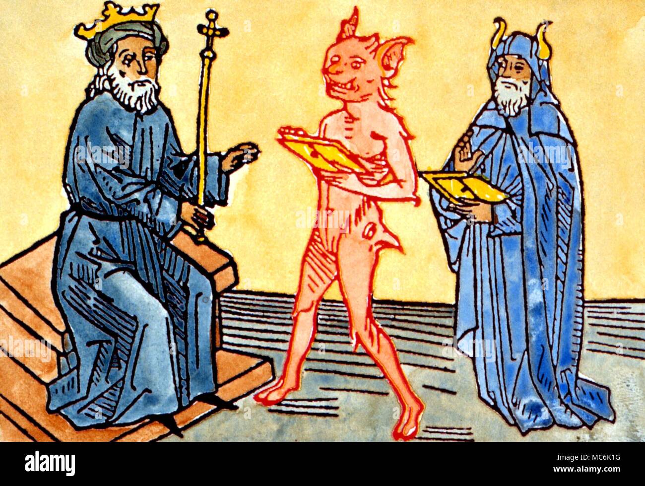 DEMONS - The demon Belial presenting King Solomon with his namesake Grimoire, which lists all the demons. Behind the demon stands Moses. From the 1473 edition of Jacobus de Teramo, 'Das Buch Belial' Stock Photo