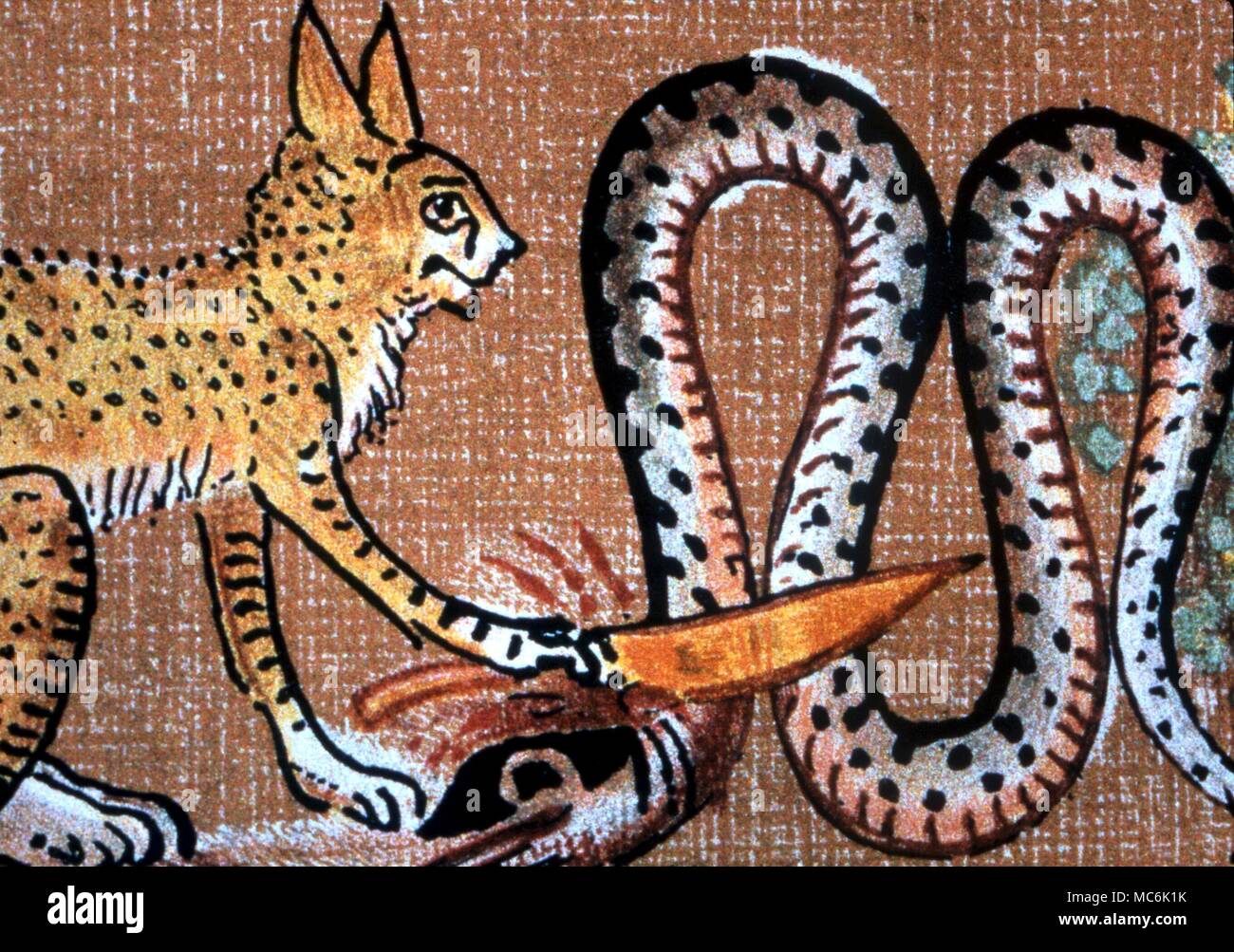 DEMONS - The Egyptian goddess Bast, in the form of a cat, killing the demon Apep. From the Hunefer papyrus, lithographic copy made for Wallis Budge's 'Book of the Dead' Stock Photo
