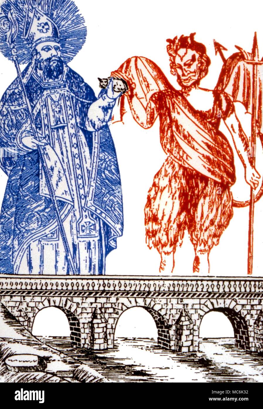 DEMONS - Colour print after a wood engraving showing St Cado giving a cat to the Devil in exchange for building the bridge Stock Photo