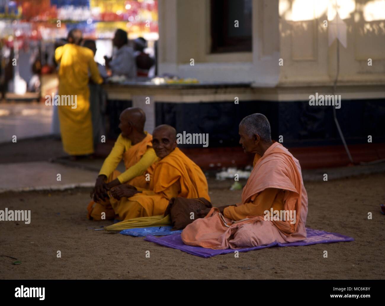 Three Buddhist Monks in the sacred precinct of the Bodhi Tree Sri Lanka Stock Photo