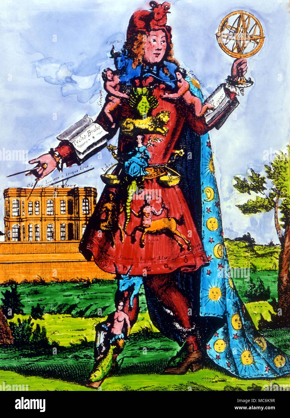Zodiac Man -18th Century. Hand coloured engraving of the melothesic figure. French 18thc. Stock Photo