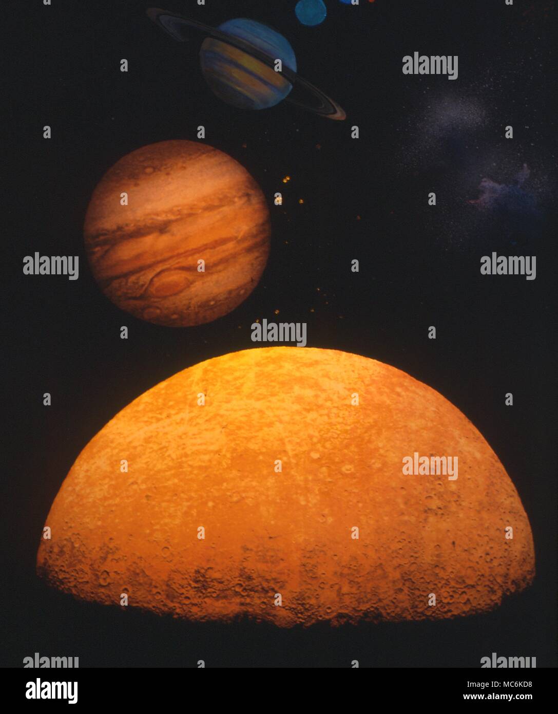 Planets Mars Jupiter and Saturn Back lit artwork Stock Photo