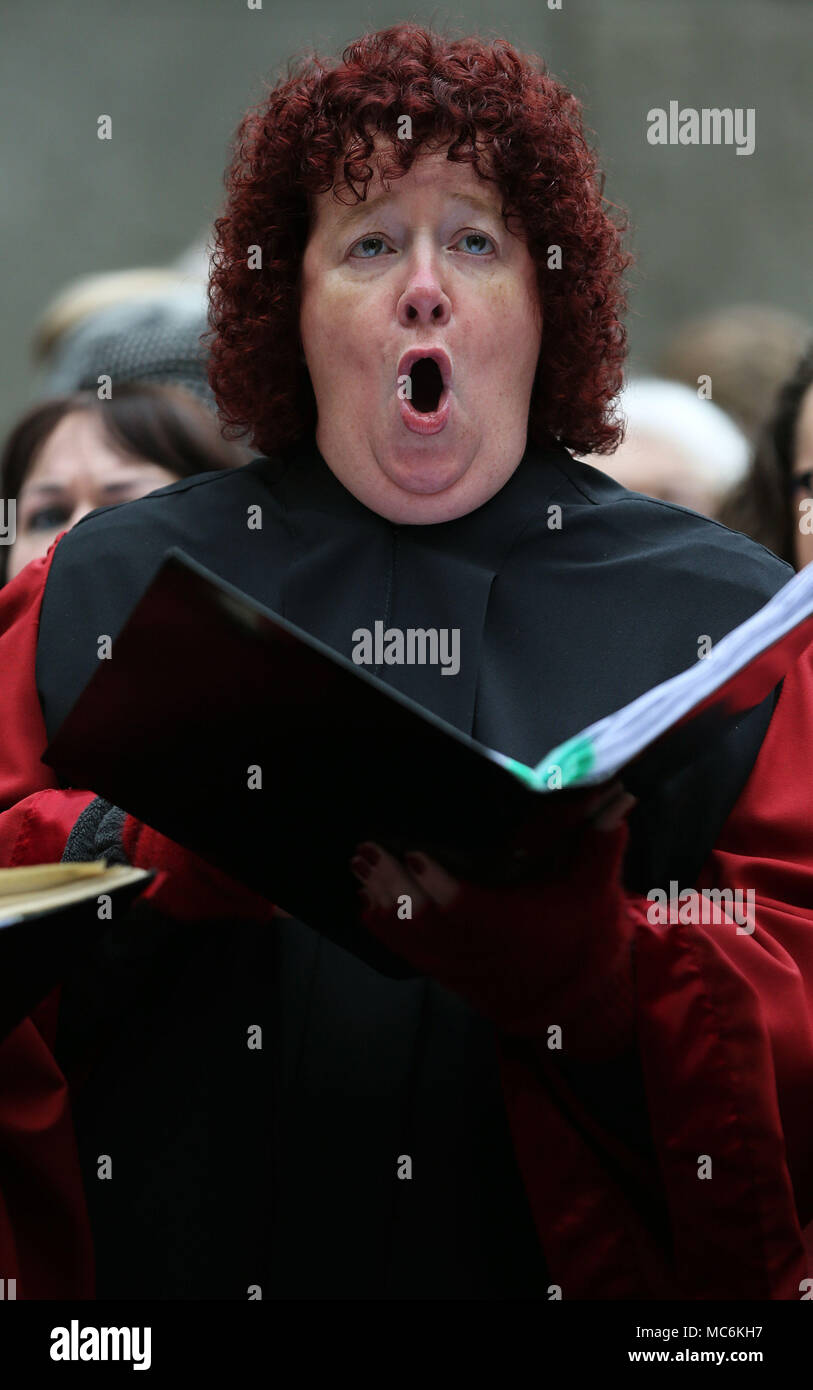 Members of Our Lady's Choral Society and The Dublin Handelian Orchestra on Fishamble Street in Dublin during a performance to commemorate the 276th anniversary of the world premiere of Handel's Messiah. Stock Photo