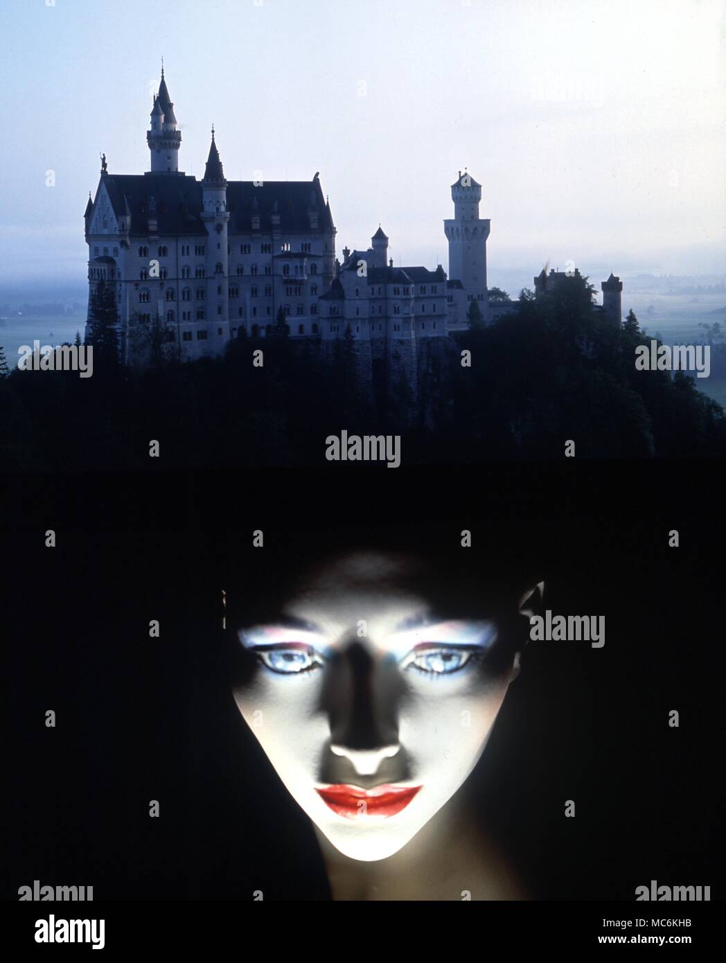 Gothic - dramatic female face in front of a Gothic castle. - Â®Charles Walker / Stock Photo