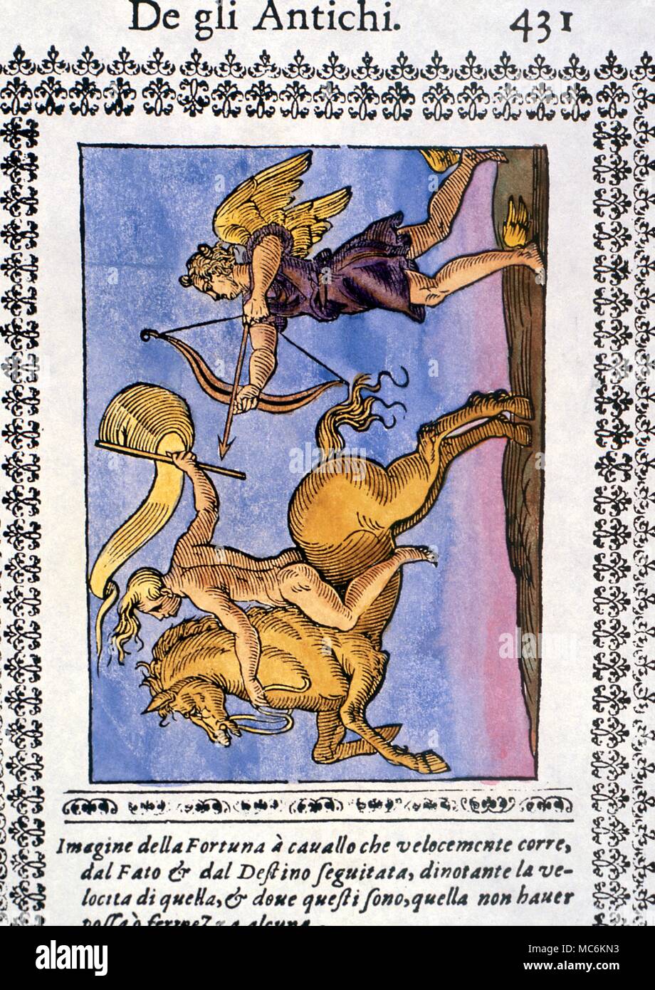 Greek Mythology - Fortune. Mythology of Fortune, who escapes those who are not quick in movement. From Comitis 'Mythologiae' - 17th century woodcut. Stock Photo