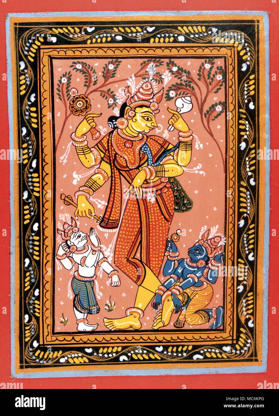 Hindu Mythology. Modern (mid-century) gouache of the Hindu goddess, Durgha, the wife of Siva. Stock Photo