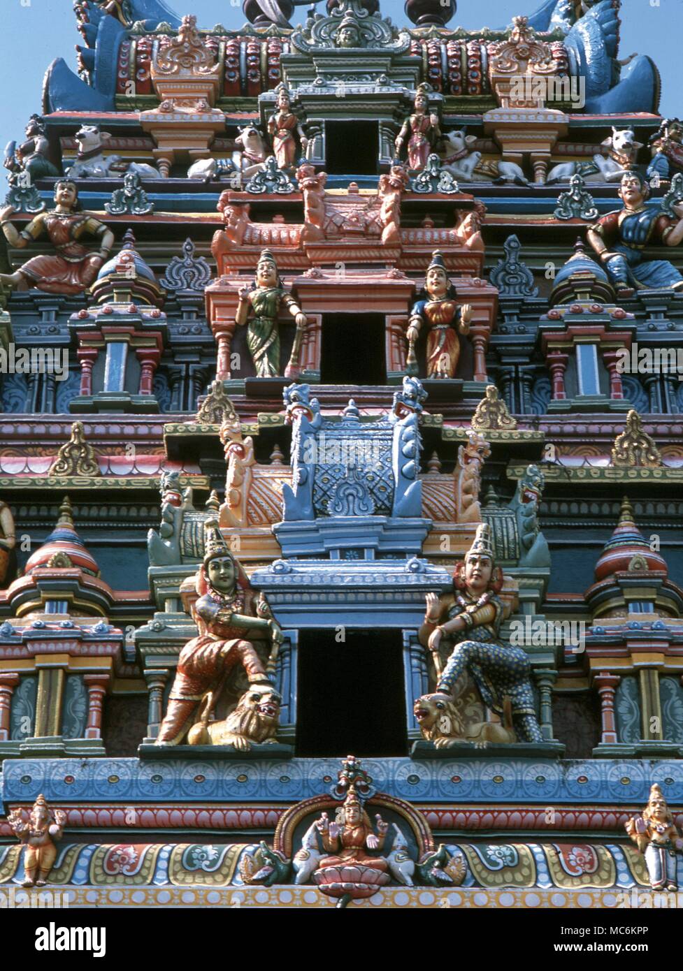 Hindu Mythology. The upper tiers of a Hindu Temple in Kandy, Sri Lanka. Stock Photo