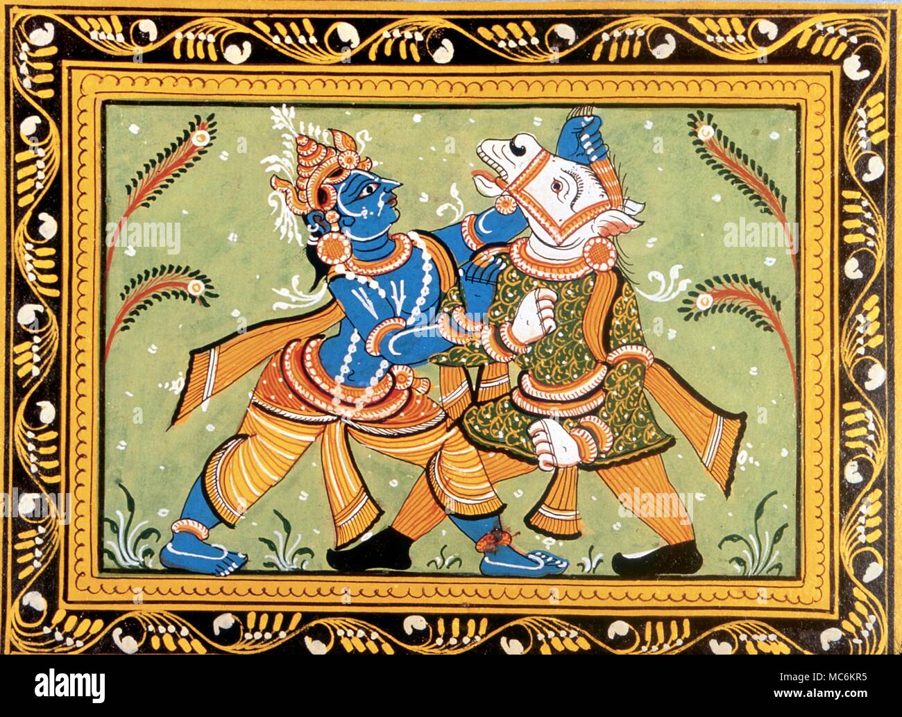 Hindu Mythology. Modern (mid-century) gouache of the Hindu god, Krishna fighting Sandhasur, the bull-demon. Stock Photo