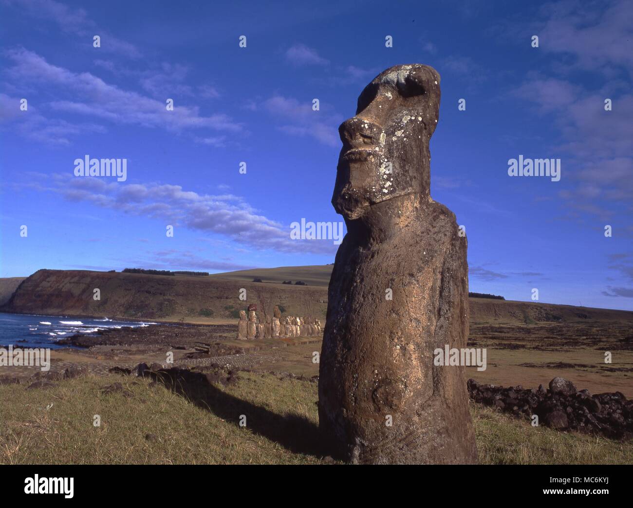Easter Island. One of the upright giant staues near the ancient volcanic quarry Stock Photo