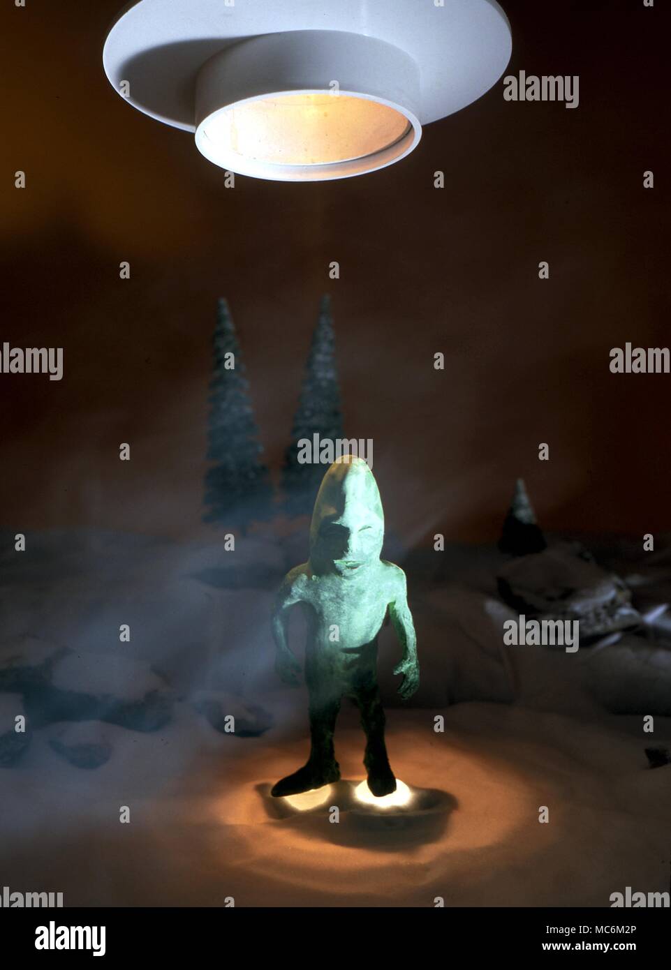 UFOs. Reconstruction of space man which emerged from a Ufo at Imjarvi, Finland on 7th January 1970.The creature was about 3 feet high and floated from the craft on a beam of light and mist. Stock Photo