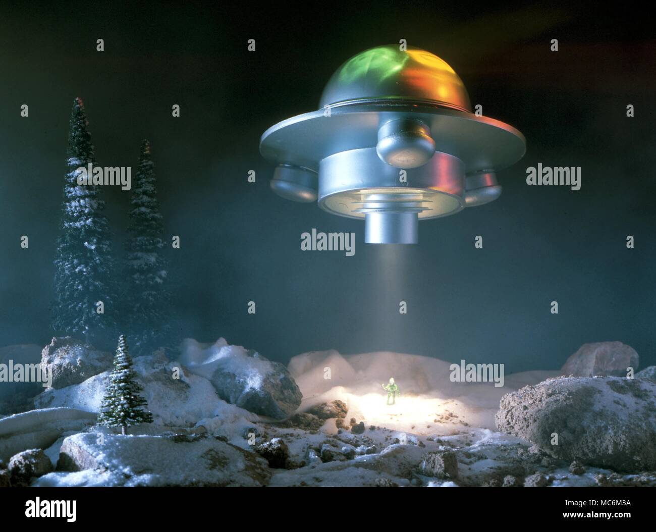UFOs. Reconstruction of the UFO and alien seen at Imjarvi, Finland on 7th January 1970 by Esko Viljo and Aarno Heinonen.The creature was about 3 feet high and floated from the craft on a beam of light and mist. Stock Photo