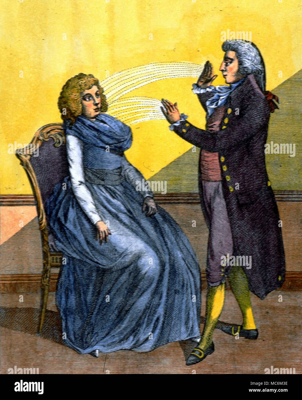 Hypnotism - Mesmerism An 18th century hypnotist (or Animal Magnetist) putting a lady into a trance. From Ebenezer Sibly's A Complete Illustration of the Occult Arts. 1790 Stock Photo
