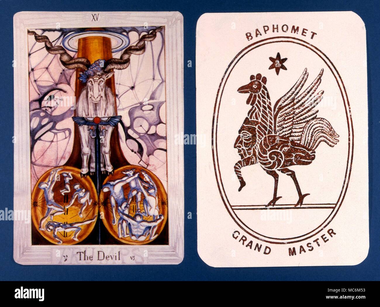 Tarot Cards - Major Arcana - Private Design In Modern times, it has become commonplace for those practicing the Tarot to design their own decks. These two cards are an example, from a privately designed packs, each representing The Devil card. The left hand atout is based on the Crowley Thoth deck, while the right hand atout is based on a pseudo-Templar image of Baphomet, used by Aleister Crowley. Stock Photo