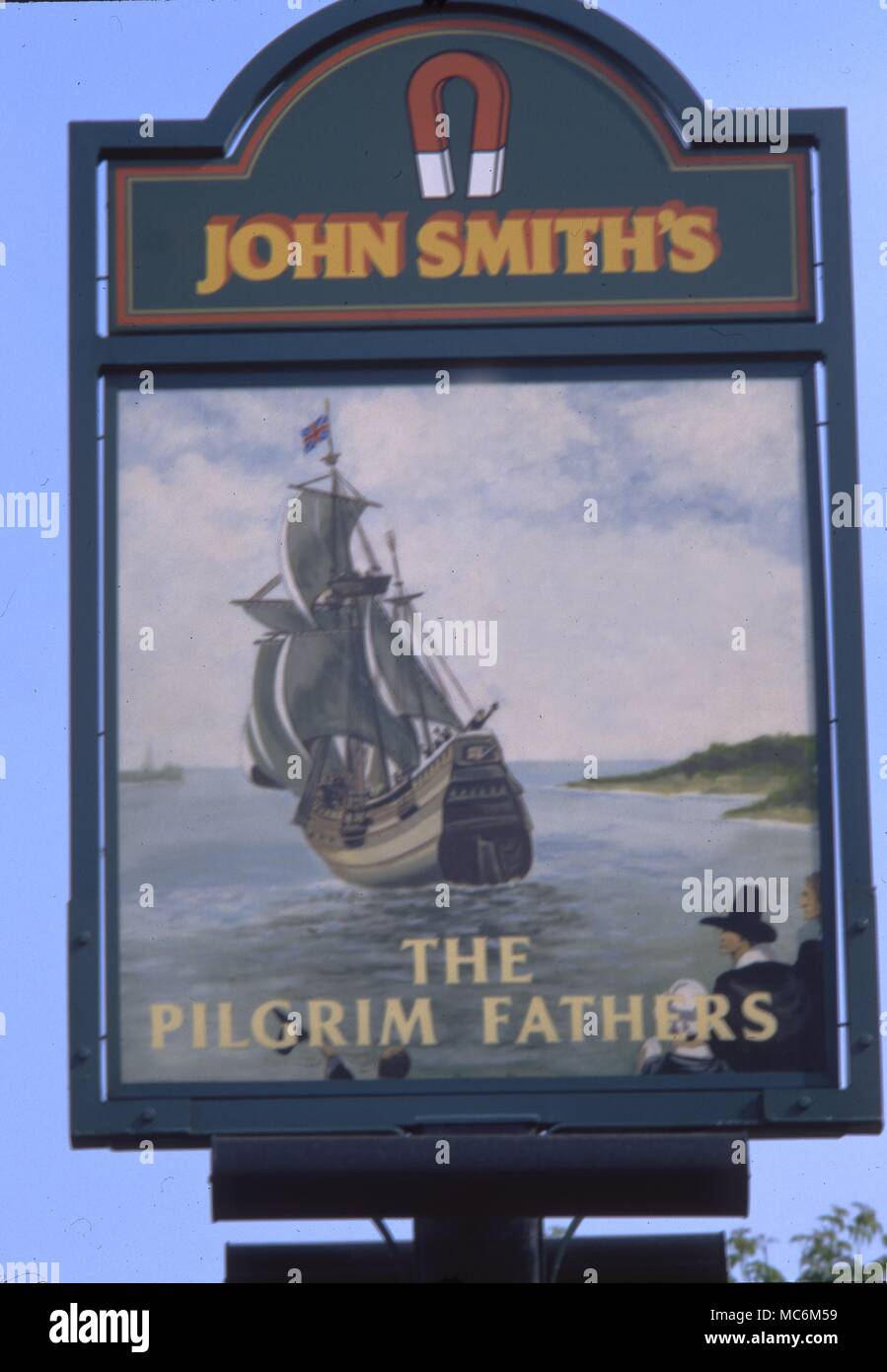 Inn sign of The Pilgrim Fathers at Scrooby. The pub was built in 1771 and named The Saracen's Head. After renovation in 1969 it was renamed. Stock Photo