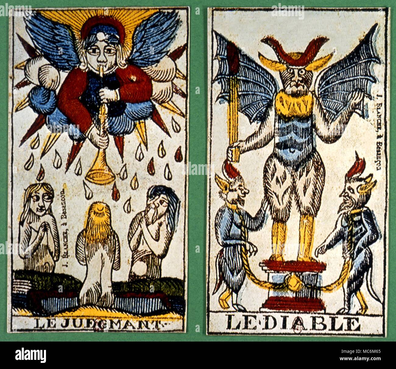 Tarot Cards - Major Arcana Two early seventeeth century French atout The Devil Card and The judgement from an incomplete tarot deck Stock Photo