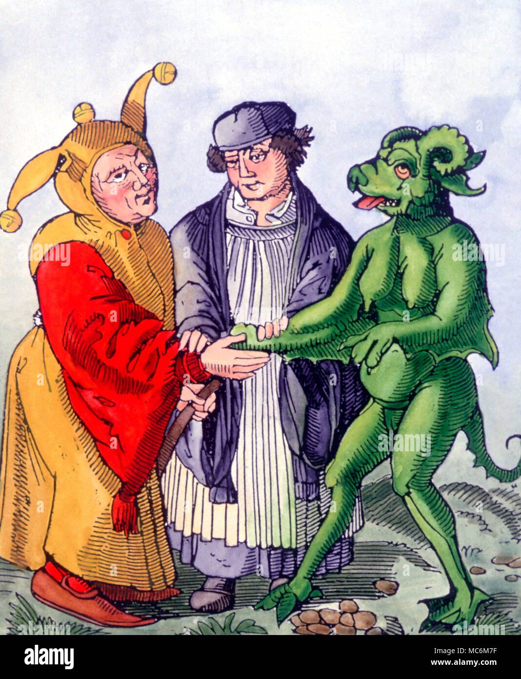 Clowns and Fools. The union of Churchman, Devil and Fool. Satirical woodcut print of circa 1500. Sometimes linked with Durer, the print is anonymous. Stock Photo