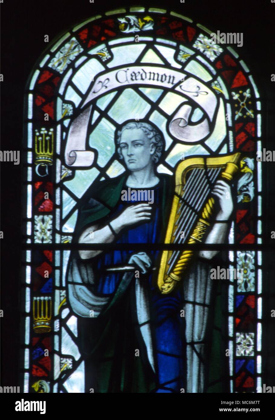 SAINTS - St Caedmon. Detail of stained glass in Kirkby Malham Church, Yorkshire Stock Photo