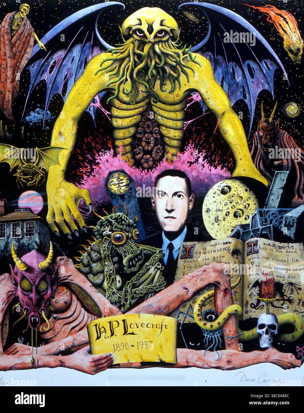 MONSTERS - LOVECRAFT'S MONSTERS. Portrait of the occultist, poet and novelist of supernatural tales, Howard Phillips Lovercraft (1890-1937). here he is depicted among monsters of his own creation. Picture by David Carson. Reproduction rights with CW Stock Photo