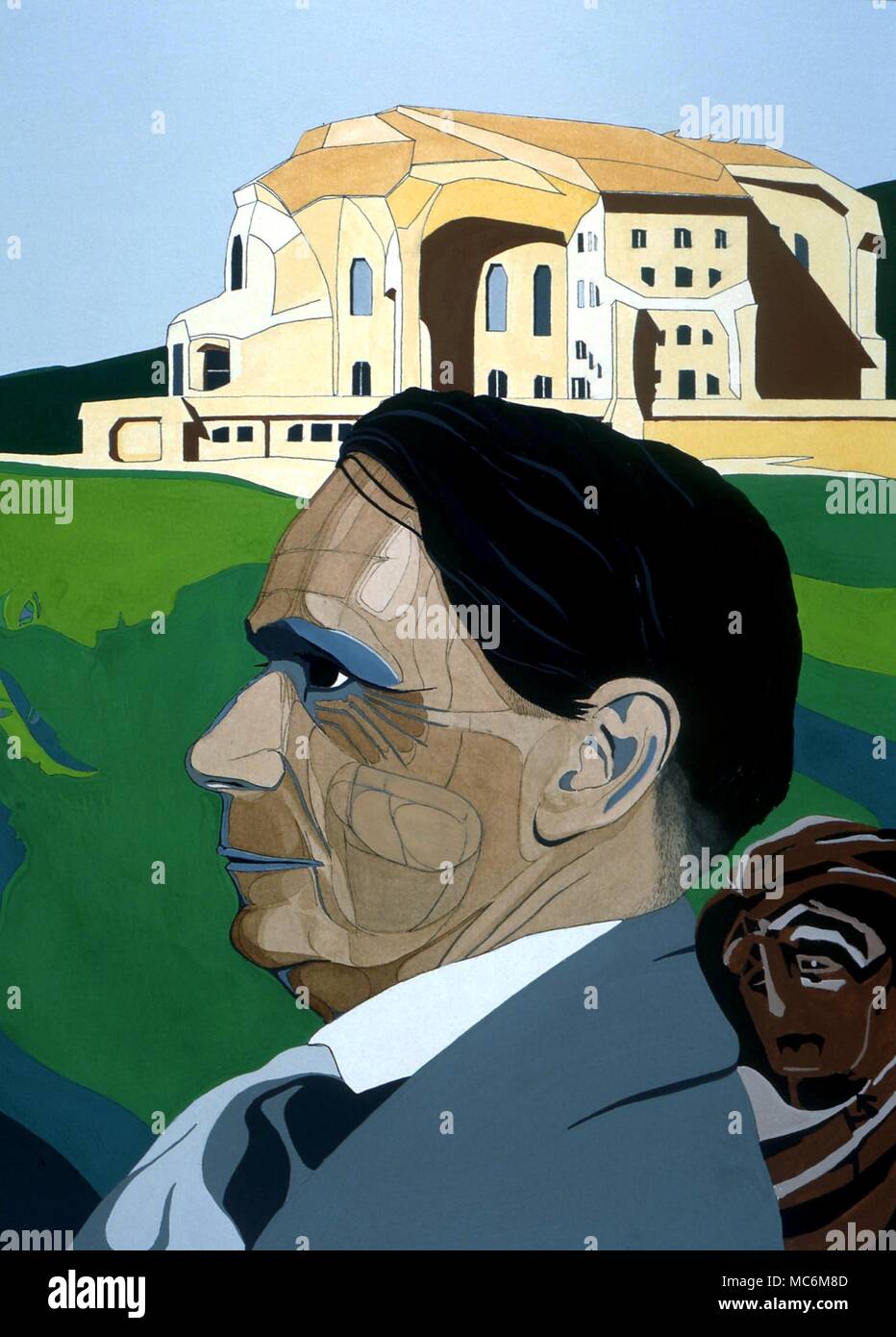 OCCULTISTS - RUDOLF STEINER. Portrait of the great modern esotericist Rudolf Steiner (1861-1925). Behind is the Goetheanum of Dornach, which he designed. In front, images of Lucifer and Ahriman. Portrait by John Bolton Stock Photo
