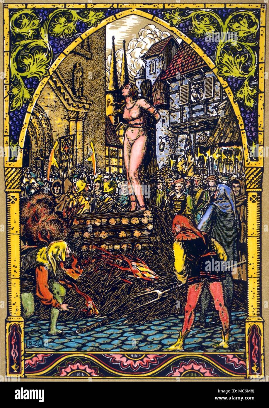 WITCHCRAFT - WITCH BURNED AT STAKE. Guillemette Babin burned at stake. Design by Bernard Zuber, to M. Carron's 'La Vie Execrable de Guillemette Babin, Sorciere', 1926 - a true story based on Bodin's book 'Demonomanie', 1580. This witch was burned to death at Poitiers, 1564 Stock Photo