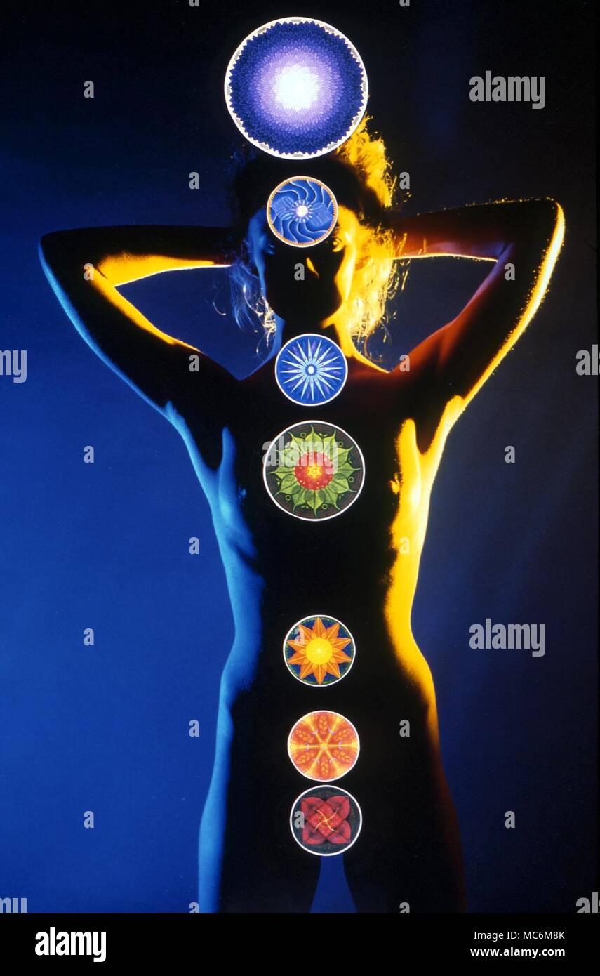 CHAKRAS. The seven chakras, or etheric wheels, in the symbolic form derived mainly from the oriental tradition (as expressed by Avalon), in the appropriate place over the human body, with the Root Chakra at the lowest part, and the Crown Chakra at the topmost Stock Photo