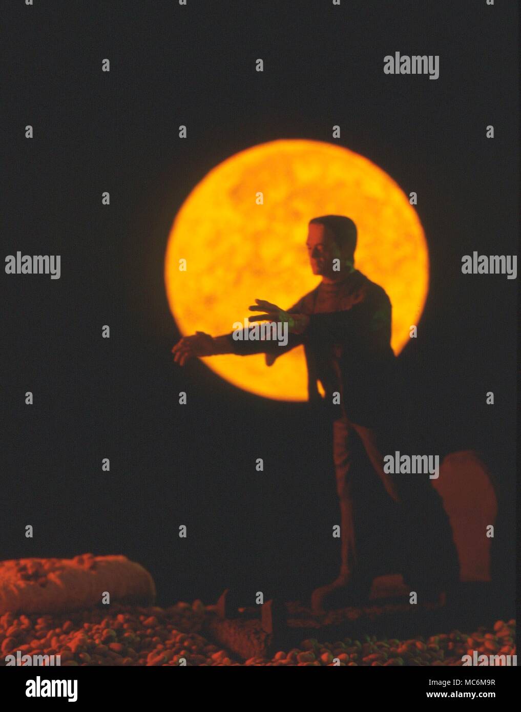 FRANKENSTEIN - Frankenstein's monster prowling near a grave against a full moon. Stage model used for display, private collection Stock Photo
