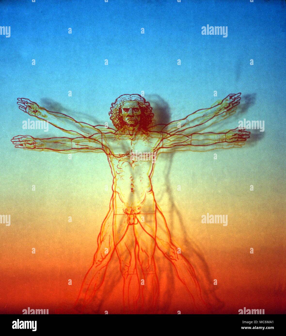 FANTASY. Leonardo's drawing of the Cosmic Man against a sun-set sky Stock Photo