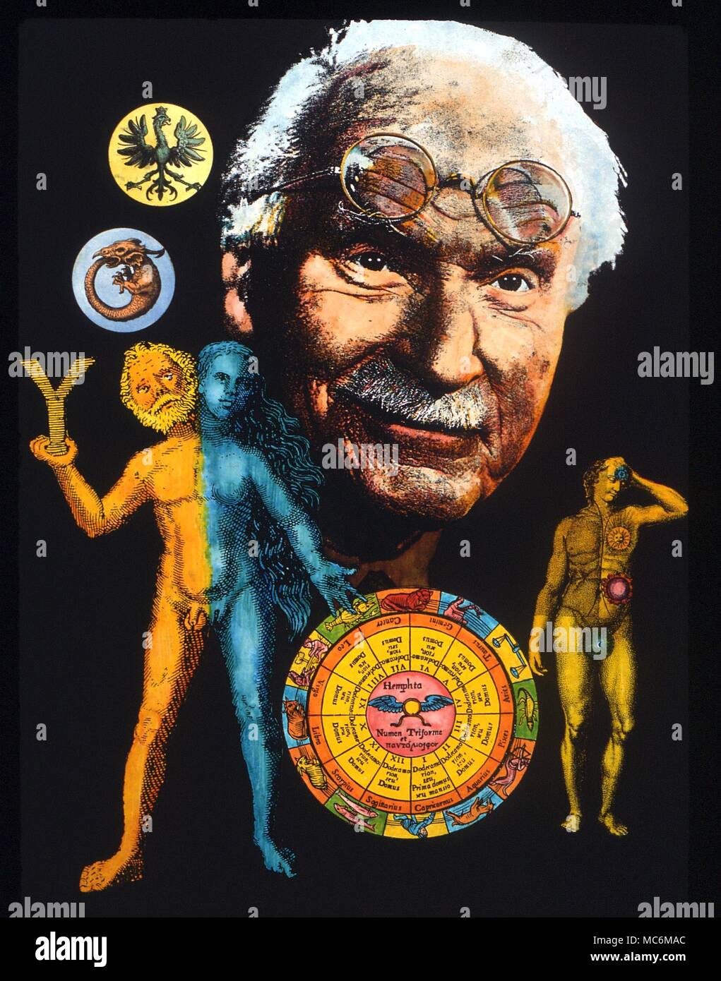 ALCHEMY - Portrait of the modern psychologist C G Jung, surrounded by a pastiche of alchemical symbols, including the ouroboros, the Pythagorean Y, and the volatile Eagle of the alchemical process Stock Photo