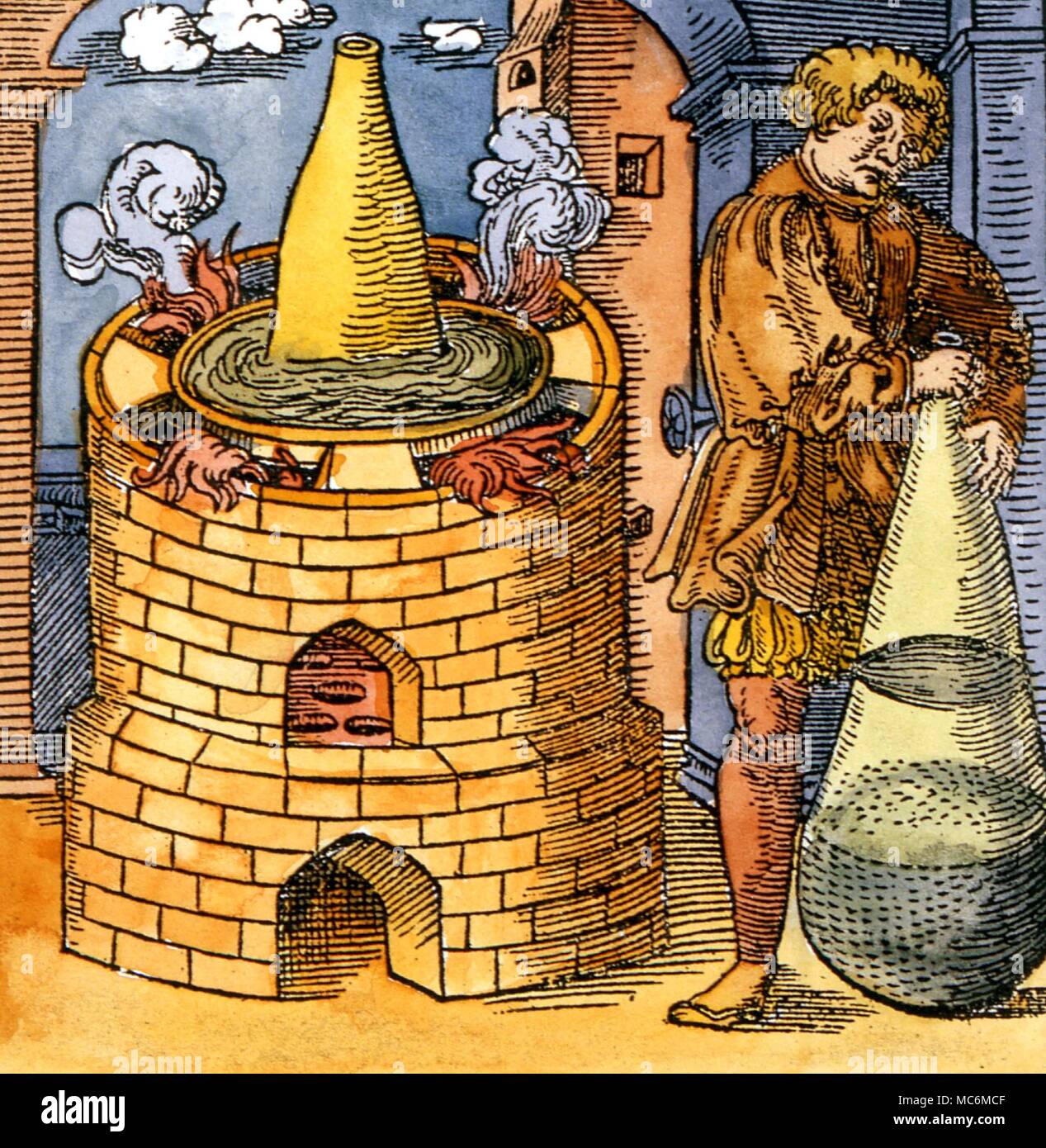 ALCHEMY - ALCHEMIST WITH INSTRUMENTS. The alchemist stands alongside one of the several 'elementary baths', the nature of the secret element being determiend by the type of heat. After a 16th century woodcut, published as loose print Stock Photo