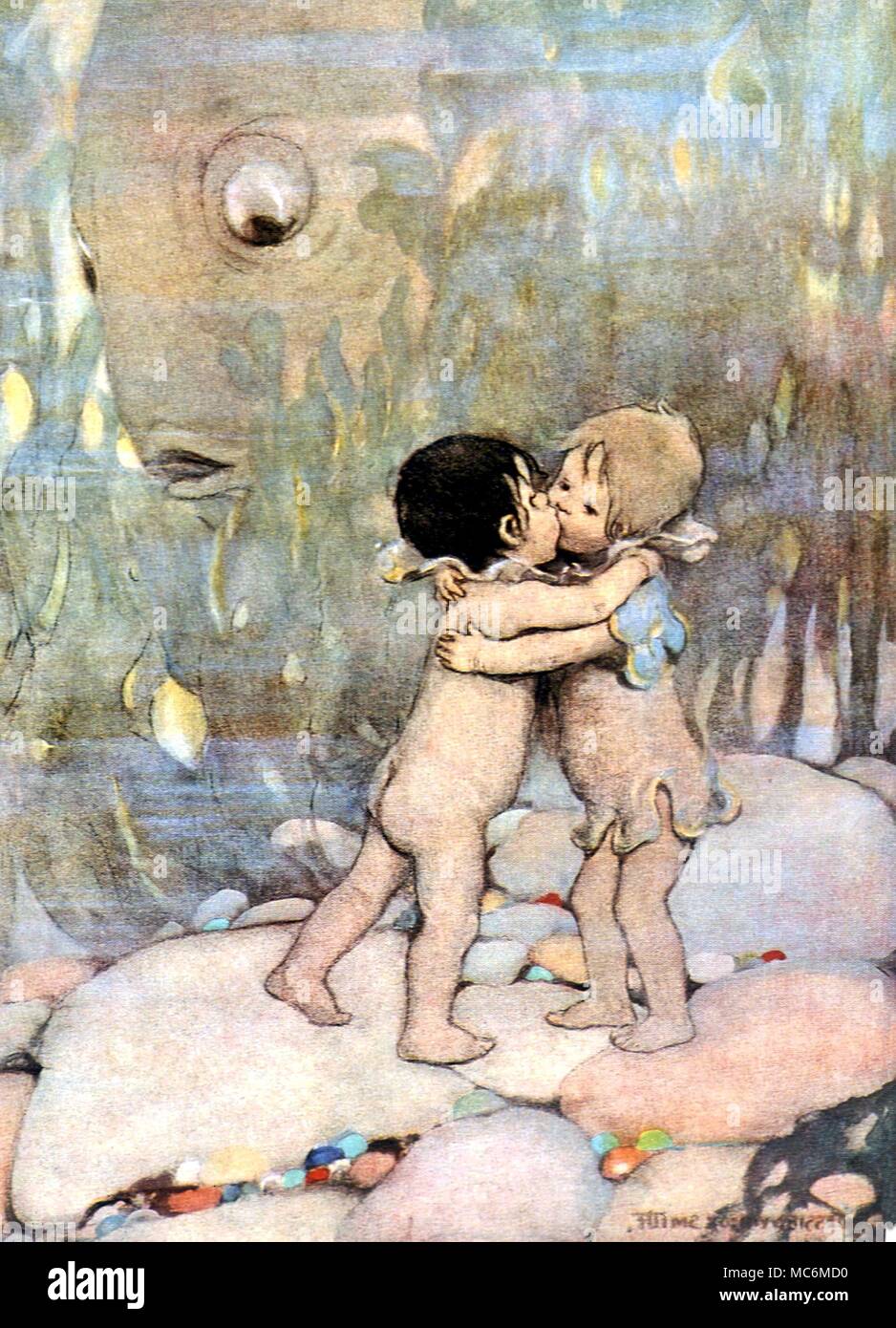 FAIRY TALES - WATER BABIES. Illustration by J W Smith for Charles Kingsley's The Water Babies, n.d. but circa 1920. 'They hugged and kissed each other for ever so long, they did not know why.' Stock Photo