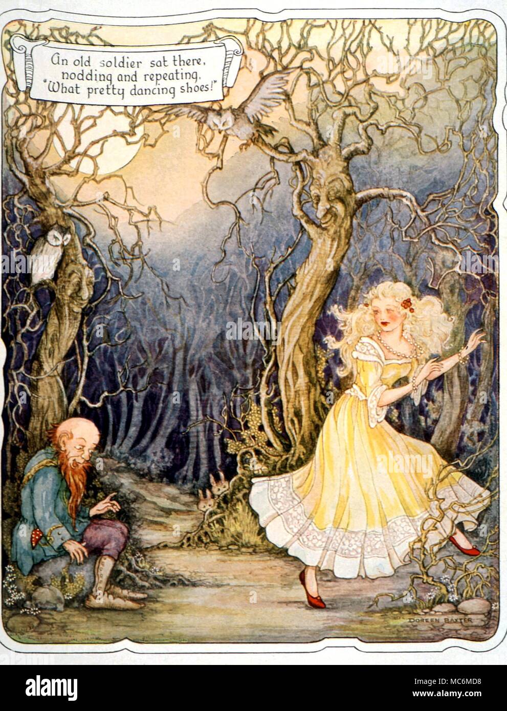 FAIRY TALES - THE RED SHOES. The Old Soldier admires the red shoes. Illustration by Doren Baxter. From The Fairy-Tale Omnibus, c. 1949 Stock Photo