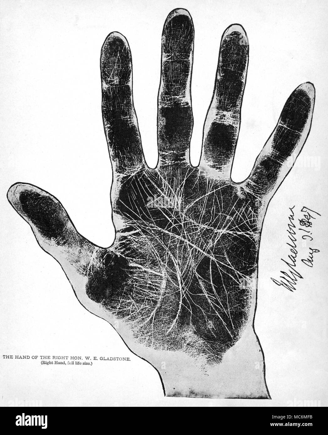 PALMISTRY - FAMOUS HAND PRINTS The print (made on smoked paper) in 1894 of the hand of the English painter, Sir Frederick Leighton (1830-1896), President of the Royal Academy, made by the palmist 'Cheiro' (Louis Hamon). From Cheiro's Language of the Hand, 1897. The client's signature will be of interest to those interested in Graphology. Stock Photo