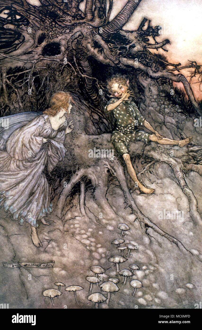 FAIRY TALES - Puck with fairy - illustration by Arthur Rackham to the 1908 edition of Shakespeare's Midsummer Night's Dream Stock Photo