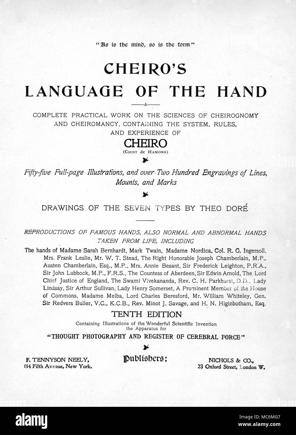 PALMISTRY Title page of the book by the palmist-clairvoyant, Louis Hamon (who wrote under the name of Cheiro: Cheiro's Language of the Hand, 1897. This edition contained the hands of some of the most important politicians and artists of the day (as may be seen from the advertisement on the title-page). Stock Photo