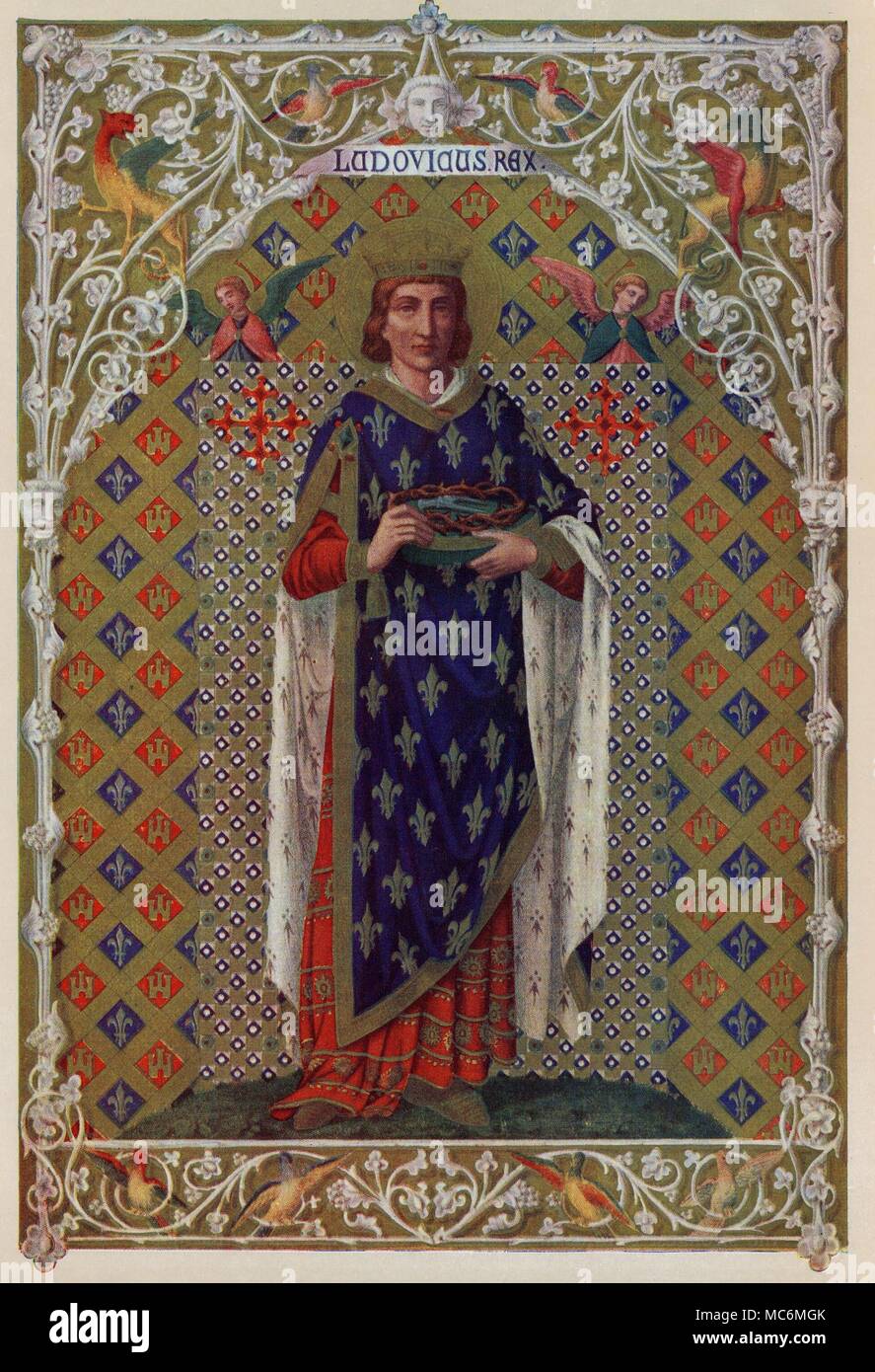 saints-louis-of-france-king-louis-here-named-as-ludovicus-rex-was-born-in-1214-the-son-of-louis-viii-of-france-and-blanche-of-castile-his-father-died-when-he-was-12-and-his-mother-established-a-regency-during-his-minority-he-was-brother-in-law-to-henry-iii-if-england-louis-oversaw-the-vast-cathedral-building-programme-which-occupied-so-much-of-the-creative-energies-of-france-during-his-reign-and-he-personally-founded-the-mystic-sainte-chapelle-in-paris-to-house-the-relics-of-the-crown-of-thorns-which-in-this-print-he-carries-in-his-hands-pressed-against-the-fleur-di-lys-of-MC6MGK.jpg