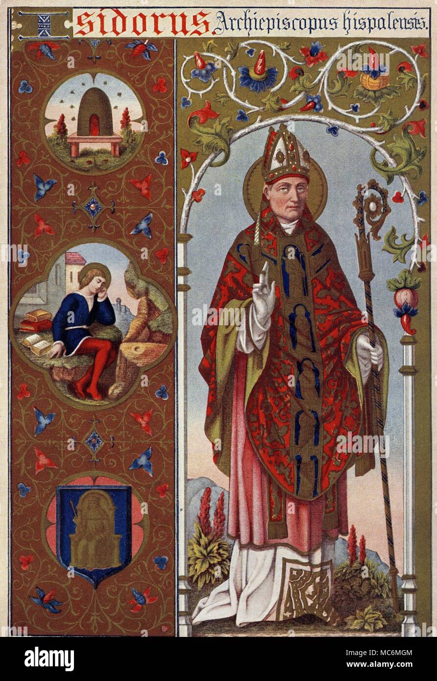 SAINTS - ISIDORE Saint Isidore, archbishop of Seville in the 6th century, was born in that city of a noble family. His main work in the community was involved with converting the Arians, and the organization of the church in Spain - including a network of cathedral schools. Process print, from Alban Butler's The Lives of The Fathers, Martyrs and Other Principles Saints, edition of circa 1928. Stock Photo