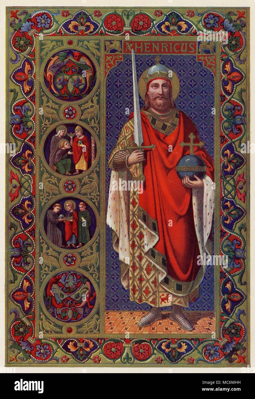 SAINTS - HENRY Saint Henry II, Holy Roman Emperor, surnamed 'the Pious' and 'the Lame', was born in 972, son of the Duke of Bavaria. He was crowned Pope in 1014, and afterwards built the cathedral and monastery at Bamburg. Process print, from Alban Butler's The Lives of The Fathers, Martyrs and Other Principles Saints, edition of circa 1928. Stock Photo