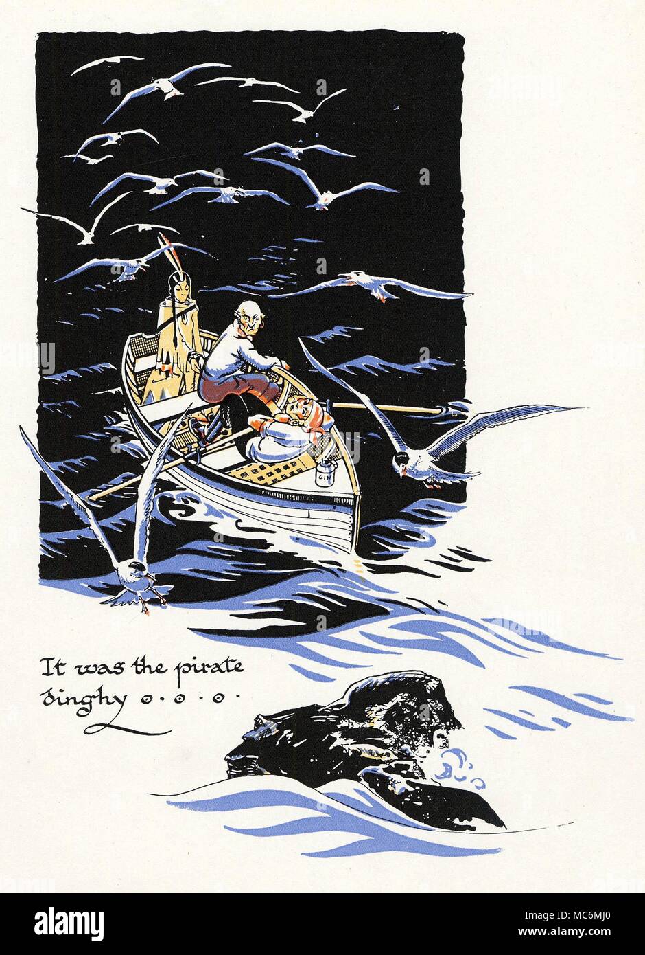 FAIRY TALES - PETER PAN Illustration by Gwynedd M. Hudson, for J.M. Barrie's Peter Pan and Wendy, no date, but circa 1930. 'It was the pirate dinghy.' The pirates arrive, with Smee and Starkey, and their captive, Tiger Lily. Stock Photo