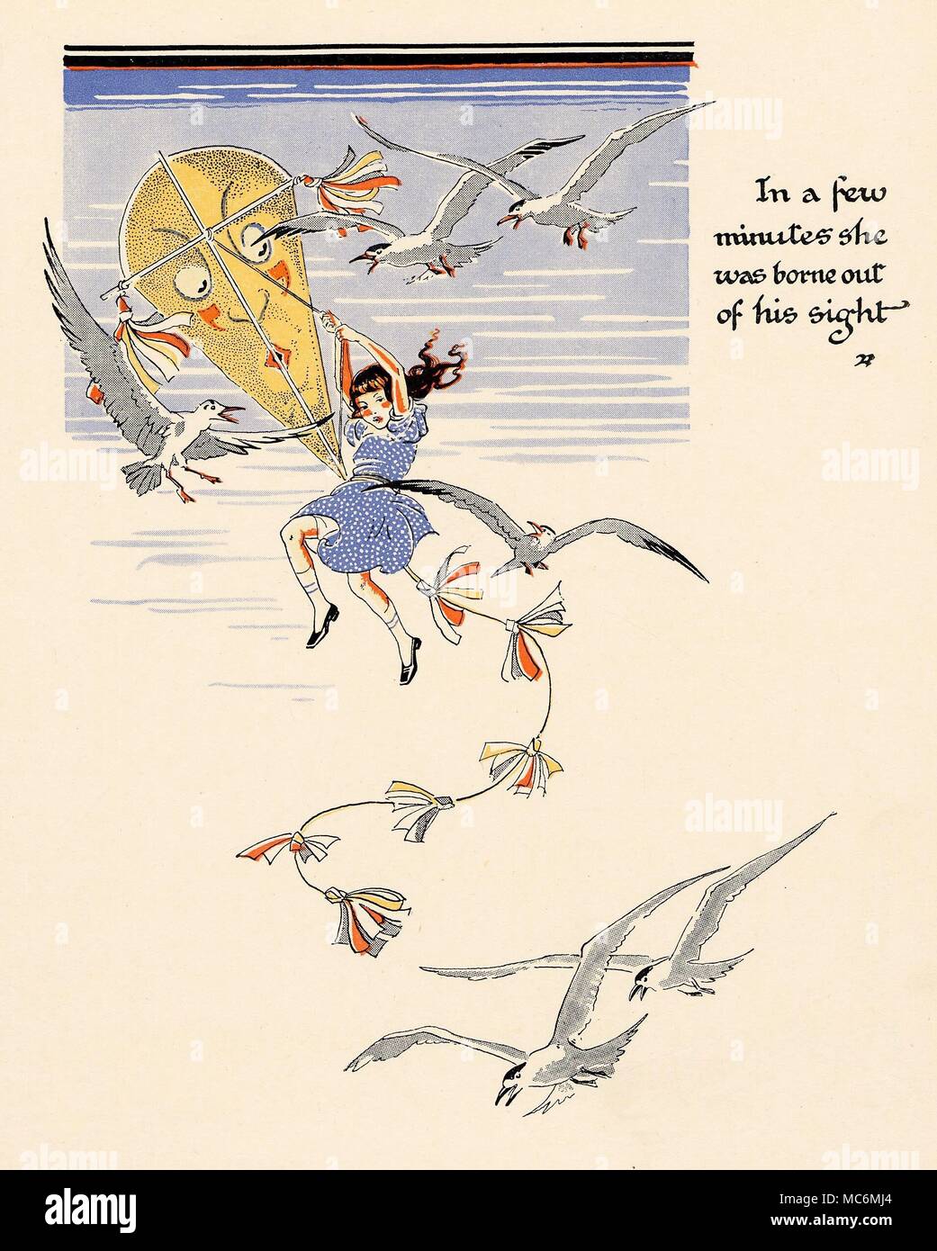 FAIRY TALES - PETER PAN Illustration by Gwynedd M. Hudson, for J.M. Barrie's Peter Pan and Wendy, no date, but circa 1930. 'In a few minutes shew as borne out of his sight'. Wendy escapes the rising water by means of a kite, leaving Peter Pan behind. Stock Photo