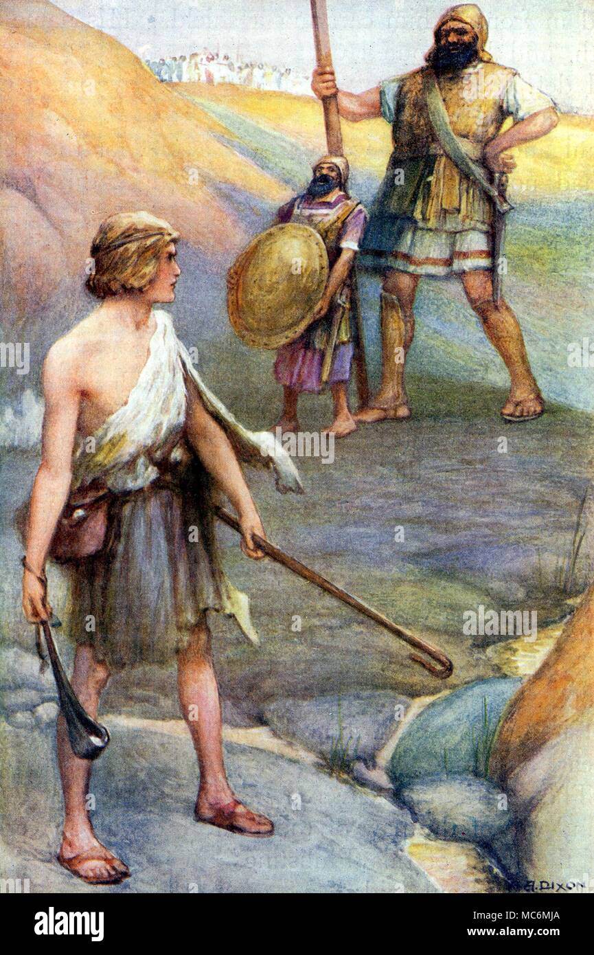 CHRISTIAN - OLD TESTAMENT - JEWISH MYTH - GIANTS 'David and Goliath' - the young David, armed only with a sling, faces the well-armed giant of the Philistines. Illustration by Arthur Dixon for Theodora W. Wilson, The Old Testament Story, 1926. Stock Photo
