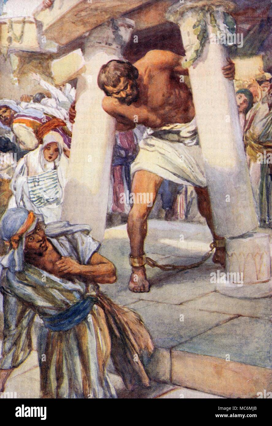 CHRISTIAN - OLD TESTAMENT - JEWISH MYTH - SAMSON 'He bowed himself with all his might' - blind Samson pulling down the house of the Philistines. Illustration by Arthur Dixon for Theodora W. Wilson, The Old Testament Story, 1926. Stock Photo